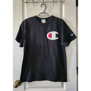 VINTAGE Champion Men T-Shirt‎ Medium Black Big Logo Embroidered Crew Neck Tee